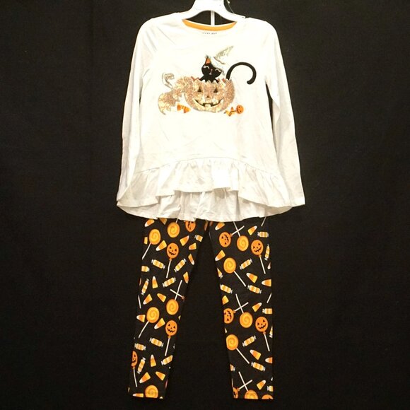 Spooky Night Set Cat Witch Hat Pumpkin Halloween Top Pants & Hair Clip Girls 7/8 - Picture 1 of 5